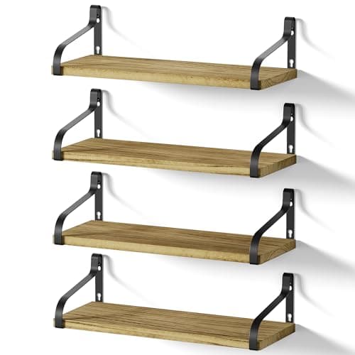 Love-KANKEI Floating Shelves for Wall Set of 4, 15.7 Inch Wood Wall Shelves with Bracket, Rustic Hanging Shelves for Bathroom, Bedroom, Kitchen, Living Room,Office Display Carbonized Black
