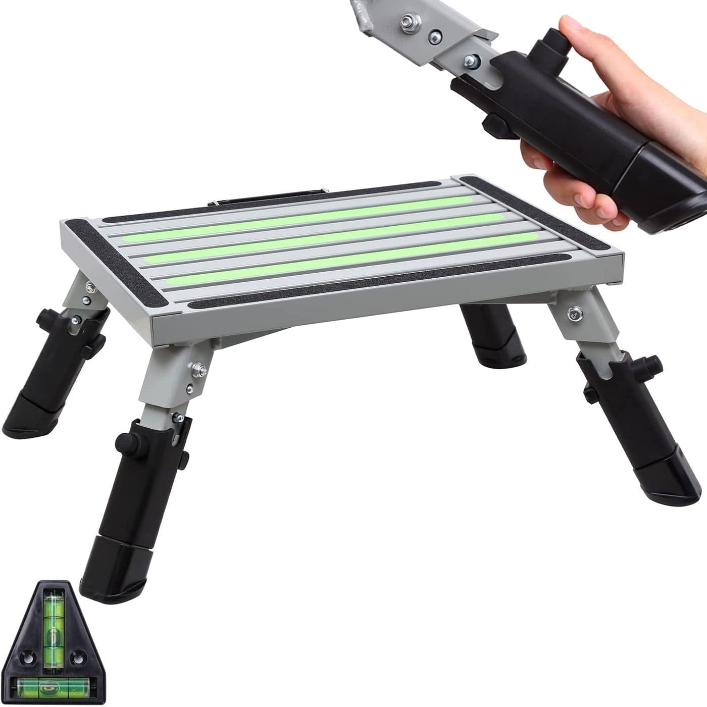Homeon Wheels RV Step Stool Adjustable Aluminum Platform with NonSlip Surface Folding Step with Rubber Feet Reflective Strip Handle T Level for Camper Use 1000lbs 165x122 Gray Luminous