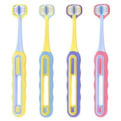 FOREVIVE 3-Sided Toddler Toothbrush 4-Pack | Ultra-Soft Bristles for Ages 1-12 | 4 Fun Colors (Gentle, 360° Cleaning, Comfortable for Sensitive Gums), Easy-Grip Handle & Quick Cleaning
