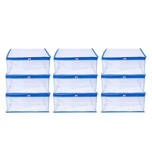 MBW Clothes Organiser for Wardrobe, Saree Covers with zip, Saree Organizer for Wardrobe, Clothes Storage Bag, Saree Bags Storage, Saree Covers for Storage, Transparent (Sky blue - Pack of 9)
