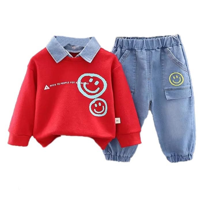 Bold N Elegant Happy Face Smile Print Boys Full Sleeve Collar T-Shirt and Denim Pant Party Clothing Set for Boys Kids (Red, 6-12 Months)