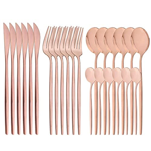 Snplowum 24-Piece Mirror Copper Polished Flatware, 18/0 Stainless Steel Dinnerware Set Include Knife Fork Spoon Teaspoon Cutlery Set For Home Restaurant and Party Service For 6, Dishwasher Safe