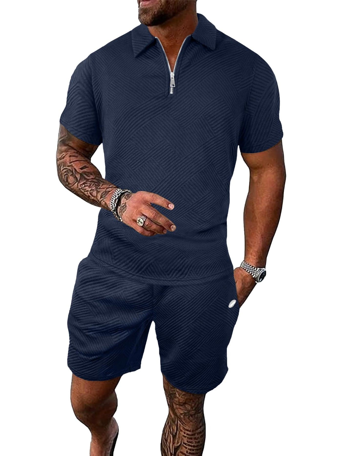 PLEPAN Men's Sets 2 Piece Summer Casual Outfits Polo Short Sleeve Shirts & Shorts Track Suit Jogging Loungewear Dark Blue M