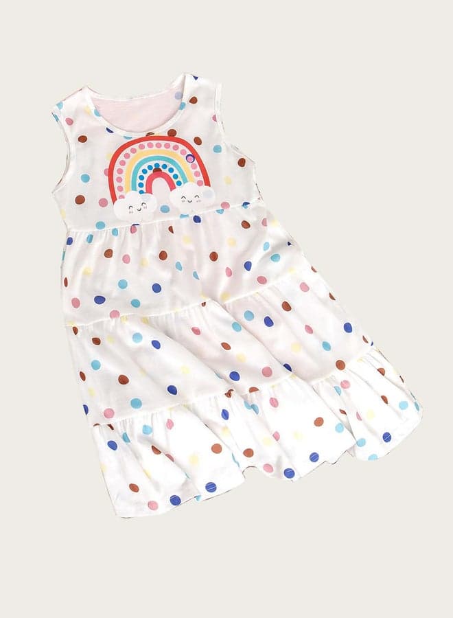 Girls Rainbow Polka Dot Print Tiered Dress
