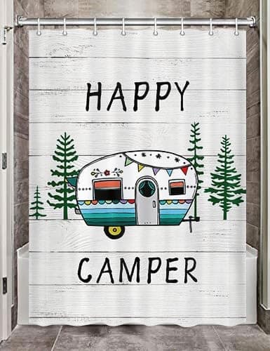 Viajar RV Shower Curtain Rustic Wood Happy Camper Shower Curtain for Travel Trailers Camping Bath Curtains Small Size Bathroom Accessories Set with Hooks 47X64