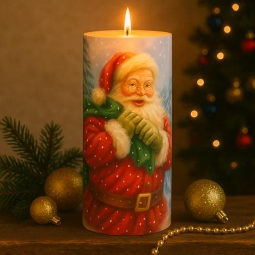 AuraDecor Christmas Theme Pillar Candle | 3x6 Inch | White Candle | Xmas Candle | Santa Claus | Home Decor (Santa with Bag, Pillar)