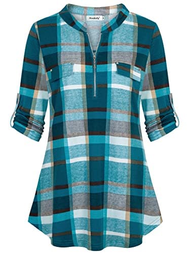 Ninedaily Womens Tops Dressy Casual Summer Short Sleeve, Women's 3/4 Sleeve Plaid Shirts Zip Floral Casual Tunic Blouse Tops, Blue,Size S