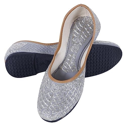 DFR Woman Comfortable Cushioned Ethnic Embroidered Rajasthani Punjabi Style Mojari Jutti Juti for Women Fancy Bellies Shoe, Color: GREY3 | UK Size 6