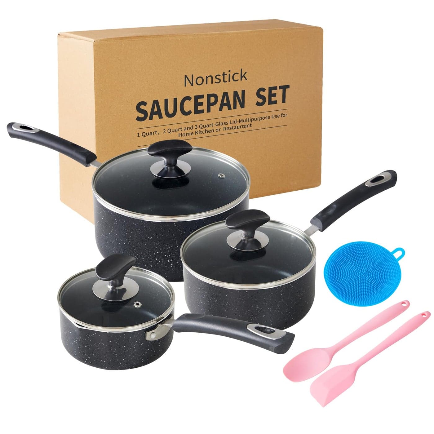 HooJay Nonstick Saucepan with Lid Non Stick 1Qt 2Qt 3Qt Sauce Pan Set with Silicone HandleSmall Milk Pot with Glass Lid for Home Kitchen