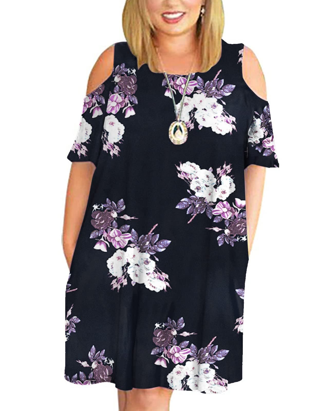 Plus Size Casual Dresses for Women 3X Loose Fit Short Sleeve Shift Summer Dress Print Black Purple