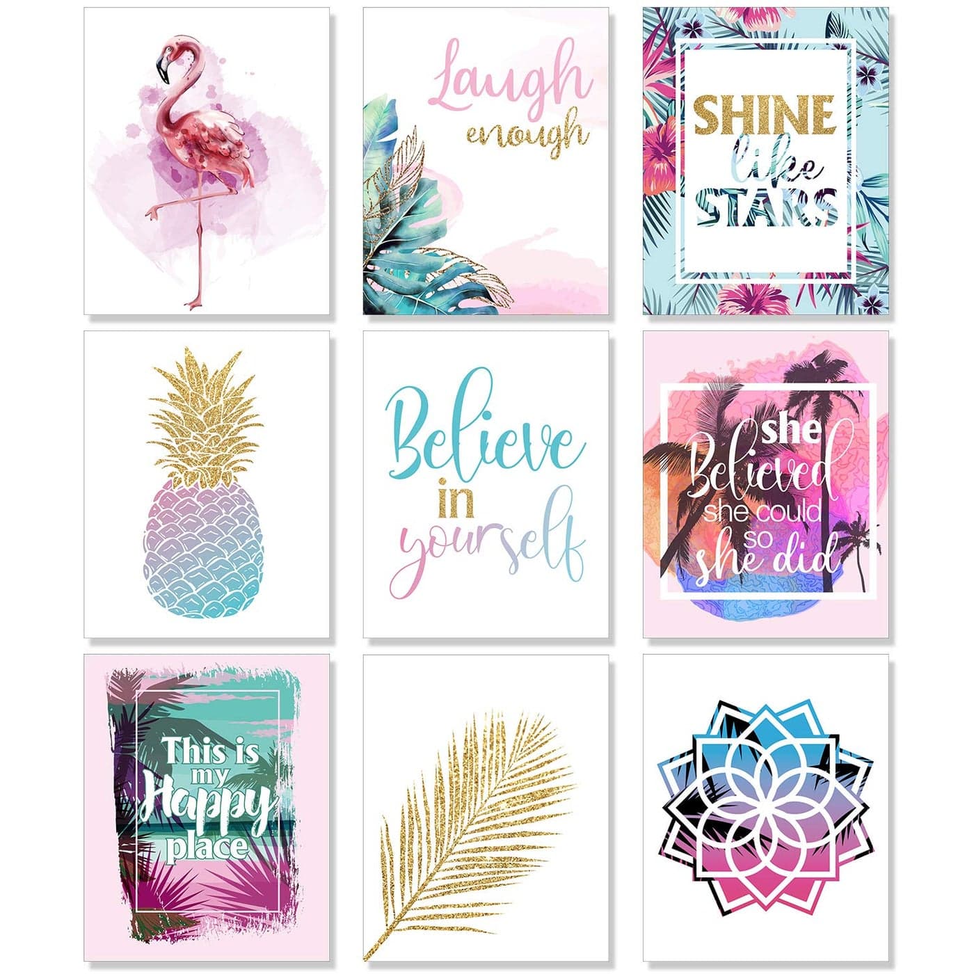 Outus Set of 9 Inspirational Wall Art Prints for Teen Girl Room Flamingo Pineapple Leaf Motivational Quote Phrases Posters for Girls Bedroom Living Room Office Decoration 8 x 10 Inch Unframed