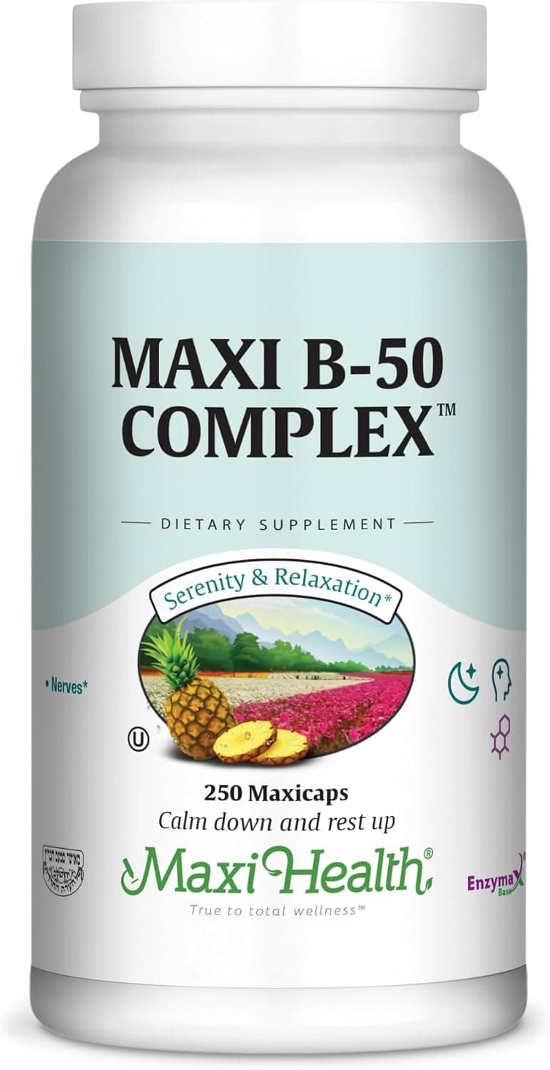Maxi Health Stress Relief Vitamin B Complex for Women and Men Vitamin B6 B12 Biotin Inositol Folate Vegan Gluten Soy Milk Free Kosher Unflavored 100 Count
