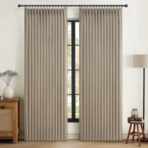 PleatedDrapes Burlywood Birch Black Out Curtains 86 Inches Long for Kids Bedroom, Unique Pleat Two Layer Heavy Linen Noise Cancelling Viral Drape for 84-86 Inch Length Large Window 2 Panels Grey Beige