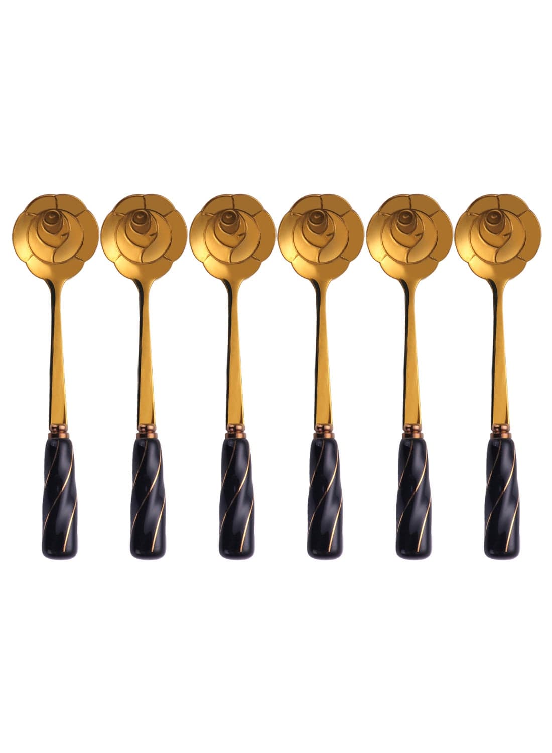 6-Piece Rose Flower Shaped Coffee Spoon Set Gold/Black 12 x 2.8cm
