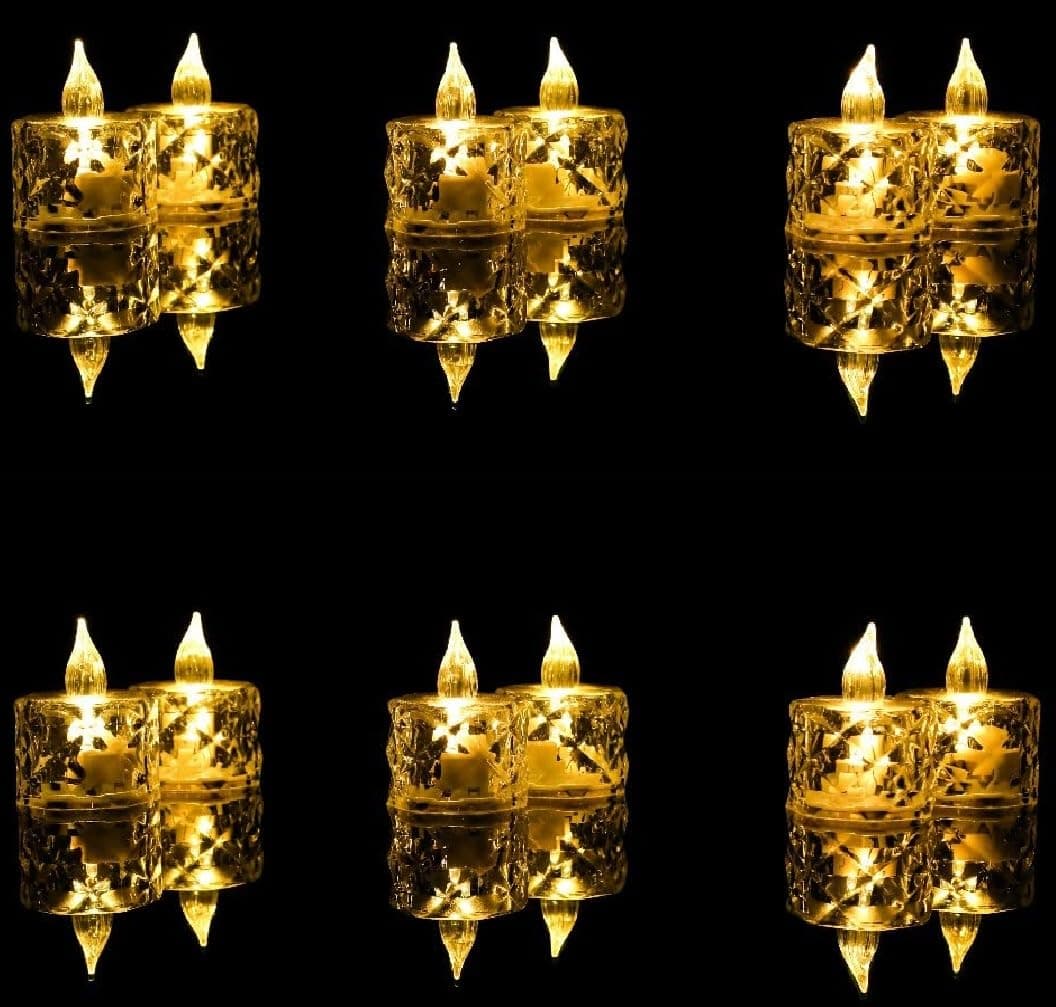 Casa Illuminate 12 Pcs Flameless and Smokeless Decorative Crystal Candles Transparent Acrylic Led Tea Light Candle for Decoration (12 Pieces, Yellow, 5 cm)