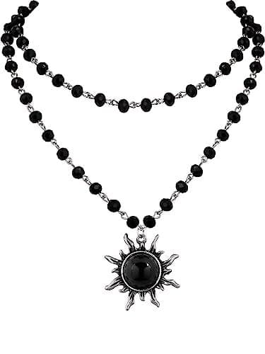 Sacina Gothic Black Sun Pendant Necklace, Black Crystal Bead Choker, Gothic Goth Necklace, Costume Jewelry, Halloween Christmas Jewelry Gift for Women
