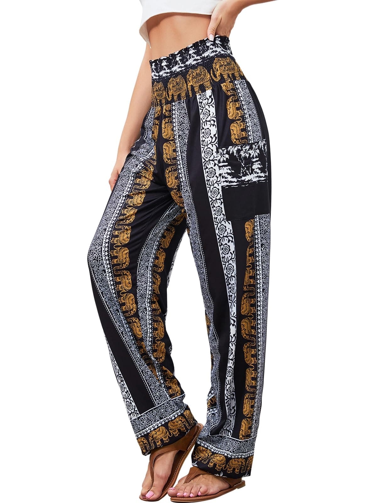 QIANXIZHAN Women's Harem Pants, High Waist Yoga Boho Trousers with Pockets Elstripes L