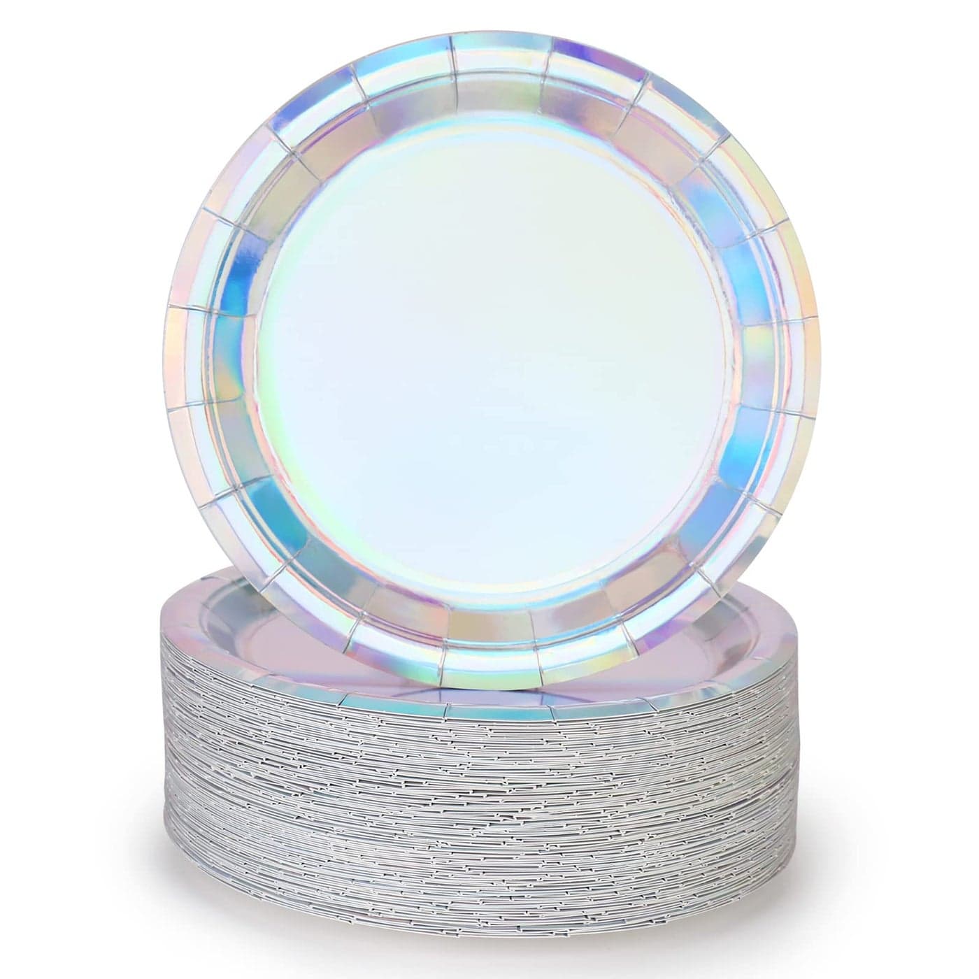 Iridescent Paper Plates 9 Inches 50 pack Round Disposable Dinner Paper Plates for Cakes Salad Pizza Holographic Rainbow Silver Decorations Party Supplies for Events Wedding Anniversary Christmas