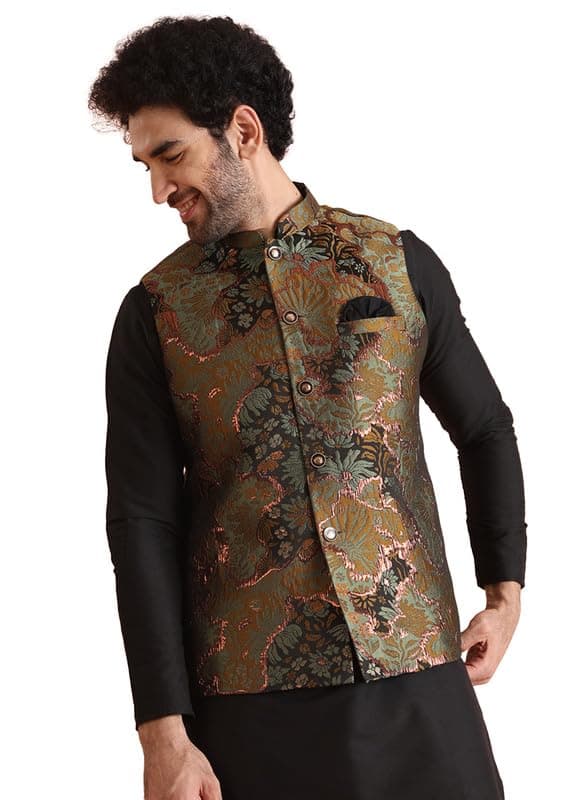 KISAH Men’s Nehru Jacket – Jacquard Silk Blend Traditional Ethnic Waistcoat for Men - Regular Fit Wedding & Ethnic Wear - Comfortable & Stylish-42