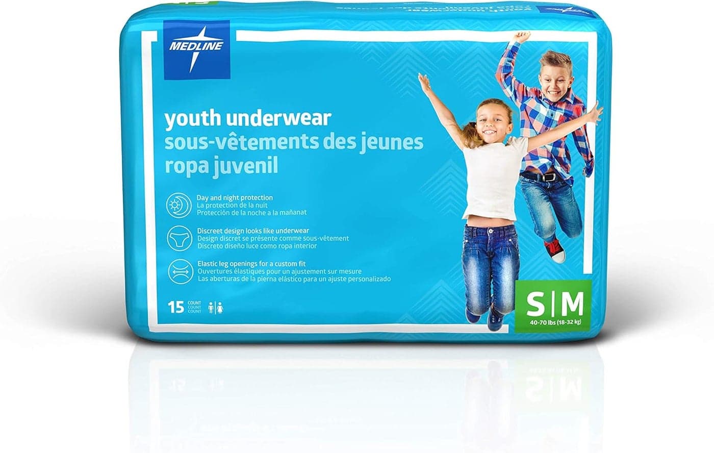 Medline Youth Disposable Protective Underwear, S/M Size for 40-70 lbs, Leakproof & Absorbent, Comfortable with Odor Control, Easy to Wear, 60 Count (4 Packs of 15)