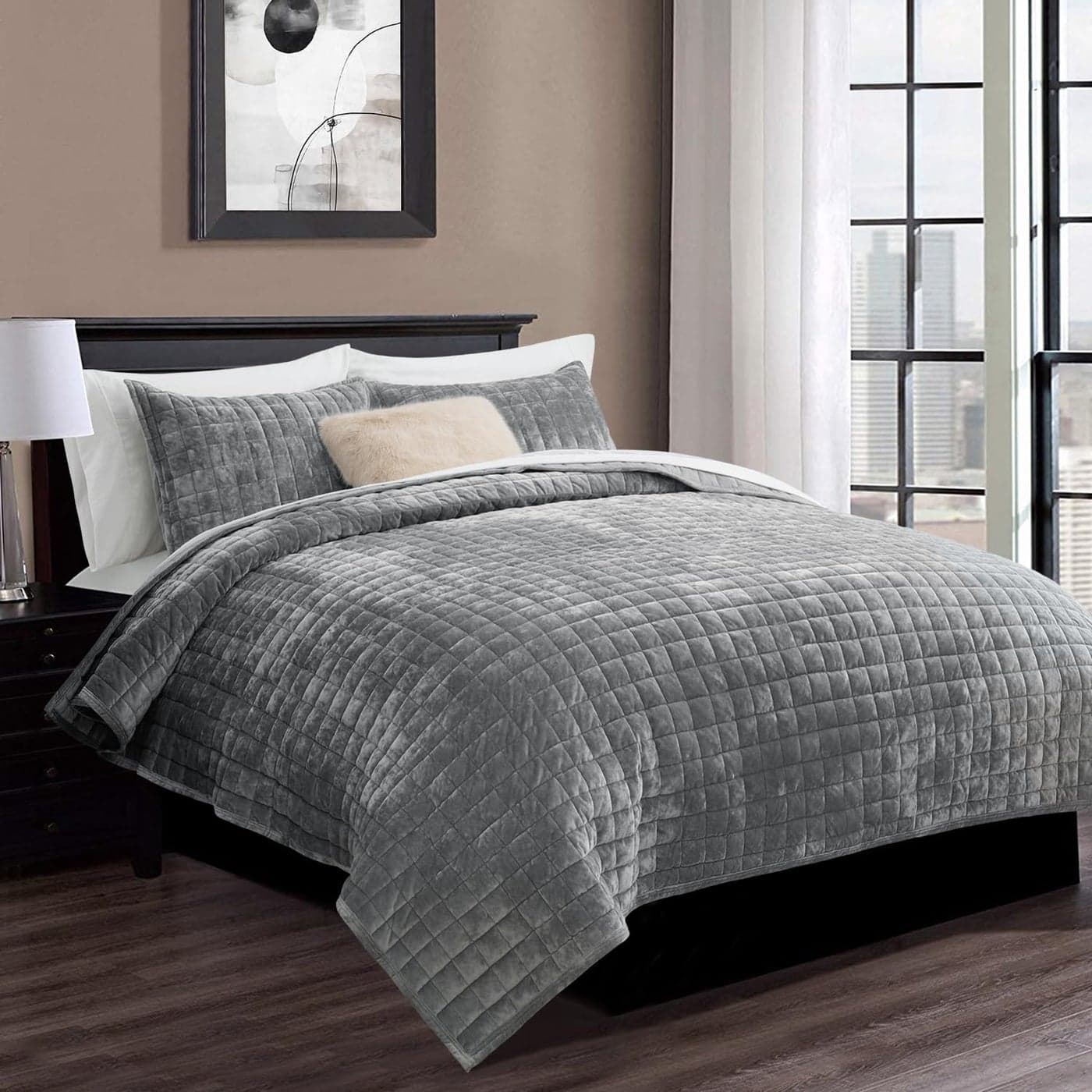 RECYCO Luxury Velvet Quilt Set Full Queen Size Lightweight Velvet Comforter Set Oversized Bedspread Coverlet Quilted Bedding Set with 2 Matching Pillow Shams for All Season Gray