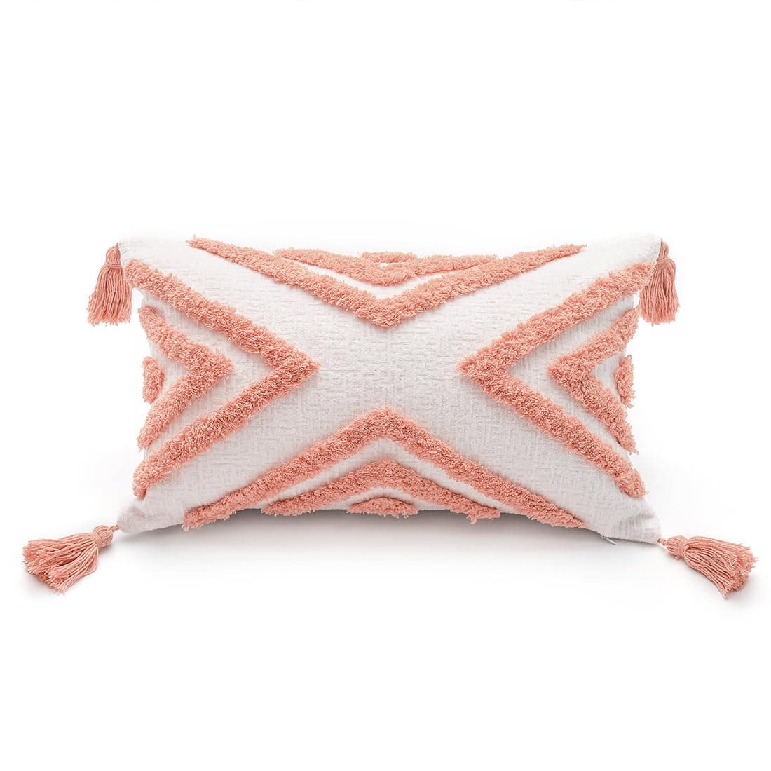 PLWORLD Boho Pink Lumbar Throw Pillow Cover 12x20 Inch with Tassels Geometric Tufted Cream Chenille Fabric Small Accent Textured Cushion Case for Bed Couch 1 PC Cover Only No Insert