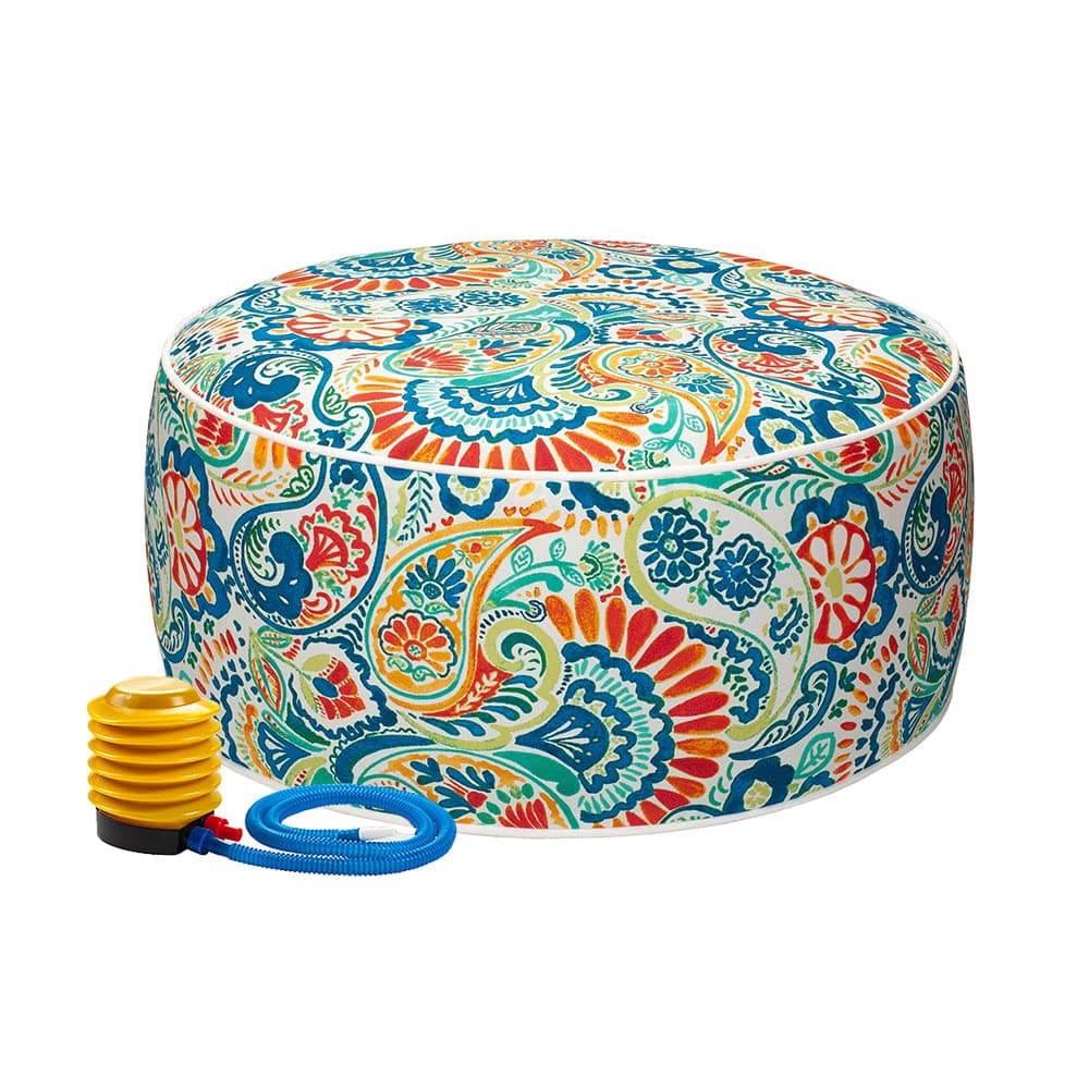 Magpie Fabrics Inflatable Stool Ottoman Pouf D20 xH9 Outdoor Round Footrest Footstool with Foot Pump Portable for Patio Garden Travel Camping Paisley Multi