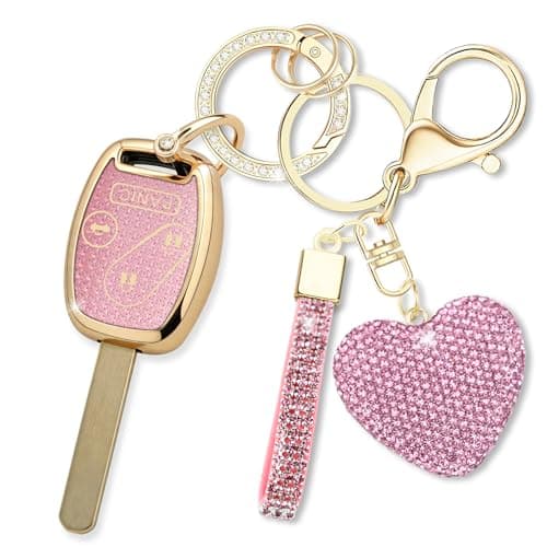 Simocky Key Fob Cover with Keychain, Girly Soft TPU Car Key Shell for Women, Compatible with Honda Accord Crosstour CR-V Civic Element Pilot 2003-2015 Smart Remote Key Protector (4 Buttons-Pink)