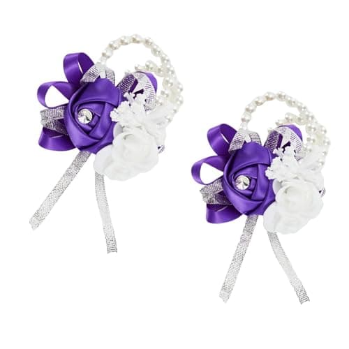 Meldel Wrist Corsages for Wedding, Set of 2, Classic Purple Artificial Wrist Corsage Bracelets for Wedding Mother of Bride and Groom, Rose Wrist Hand Prom Flower Ceremony Anniversary,Party, Gift