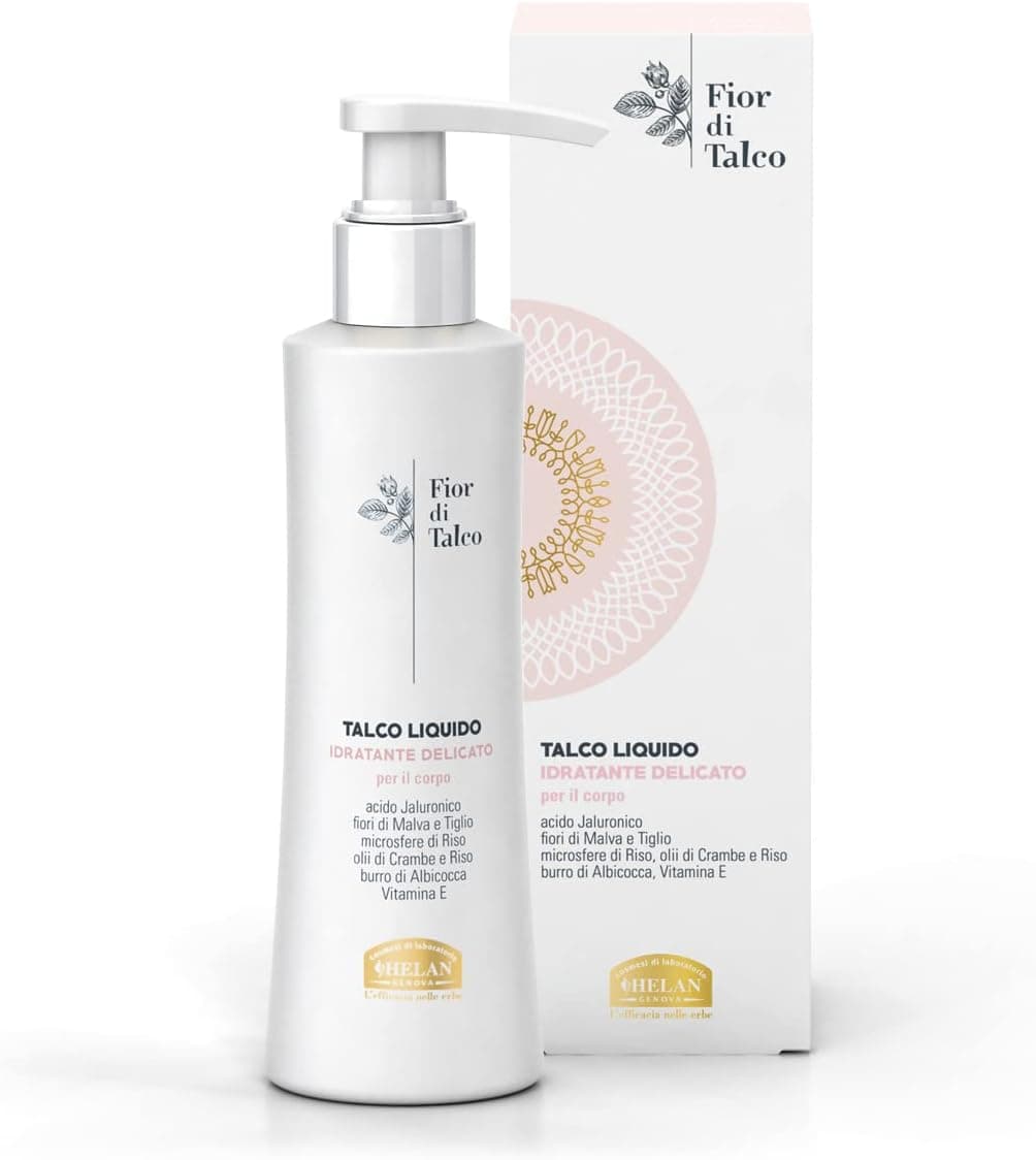 Helan Fior di Talco Liquid Talcum Powder Moisturising Body Cream for Soft and Nourishing Skin Light Fresh Antioxidant NonGreasy Enriched with Hyaluronic Acid Oils and Vitamin E 200 ml