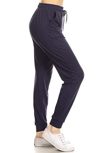 Leggings Depot Womens Relaxed fit Jogger Pants - Track Cuff Sweatpants with Pockets, Navy, Medium