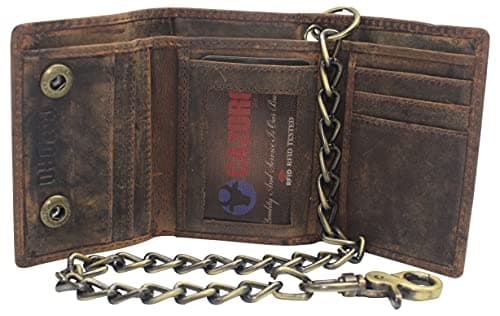 Men's RFID Blocking Trifold Vintage Leather Biker Chain Wallet With Snap Closure (Brown)