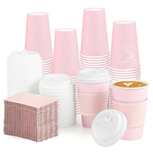 NatNarr 60 Pack Pink Coffee Cups with Lids Sleeves, 12oz Insulated To Go Paper Cups Pink Party Cups Disposable Paper Cups, Drinking Cups for Mother's Day Wedding Birthday Baby Shower Party Supplies