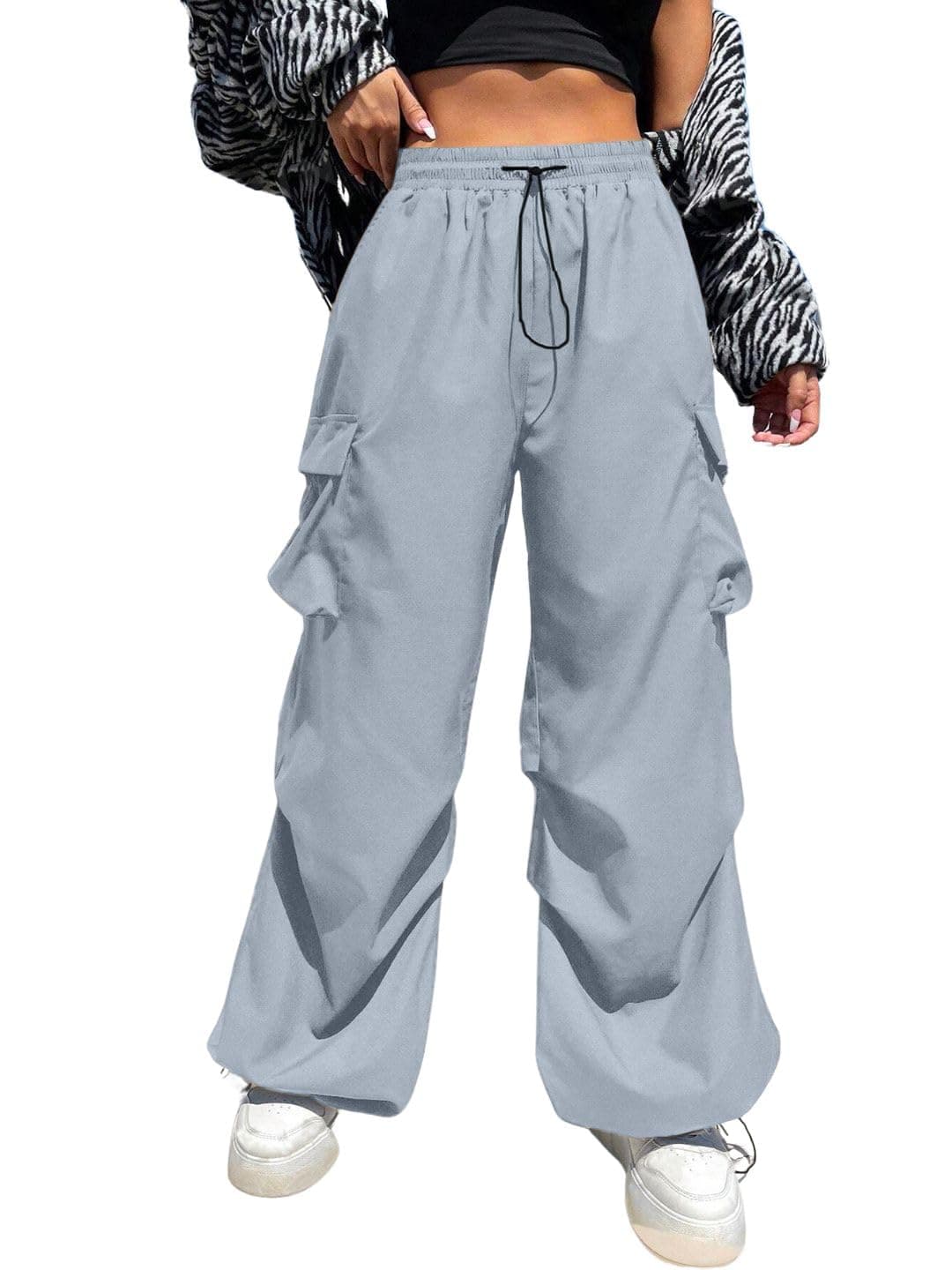 DIMPY GARMENTS Loose Fit Women's Parachute Trousers | High Waist Cargo Pant (30, Grey)