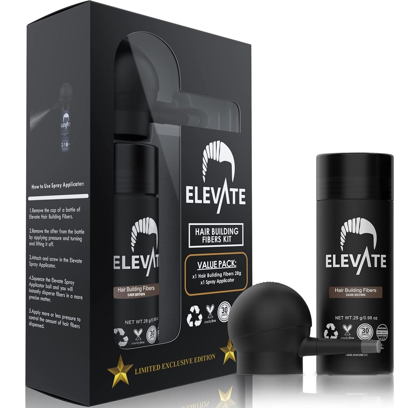 ELEVATE Hair Perfecting 2in1 Kit Set Includes Natural Hair Thickening Fibers Spray Applicator Pump Nozzle Instantly Conceal Thicken Thinning or Balding Hair Areas for Men Women Dark Brown
