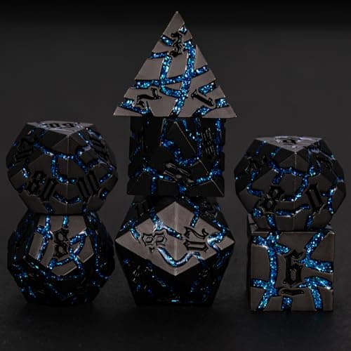 Maywin Cracked Rune Metal Dice Set for DND RPG Dark Fantasy Fractured Design Premium Heavy Metal Polyhedral Dice with Deep Engraved Numbers 7Piece Set Blue Arcane Vein