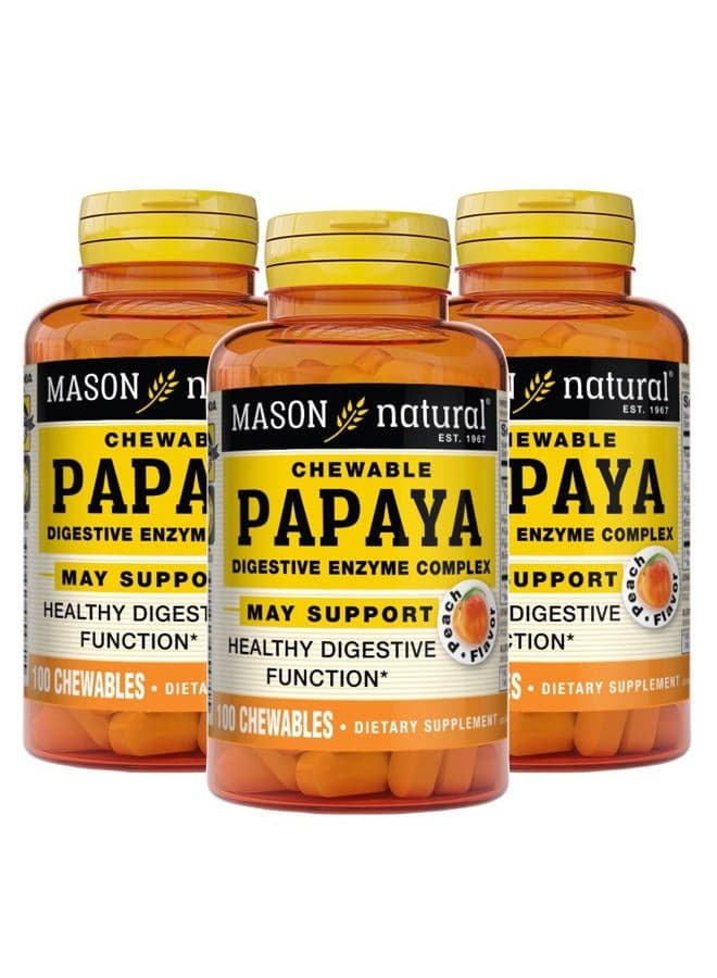Papaya Digestive Enzyme Complex - Healthy Digestive Function, Promotes Nutrient Absorption, Peach Flavor, 100 Chewables (Pack of 3)