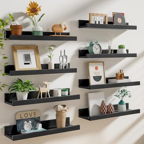 Heimlove 16 Inch Picture Ledge Shelf with Lip Set of 8,Black Floating Shelves for Wall,Wall Shelves in Varying Depths for Living Room Bedroom Bookshelf Photo Frames Nursery Book Shelves for Storage