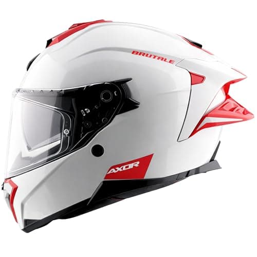 Axor Brutale Corsa Helmet – Dual Spoiler | ECE 22.06, ISI & DOT Certified | Race-Ready Fit with D-Ring & UV-Protected Visor-White Red, Size:S