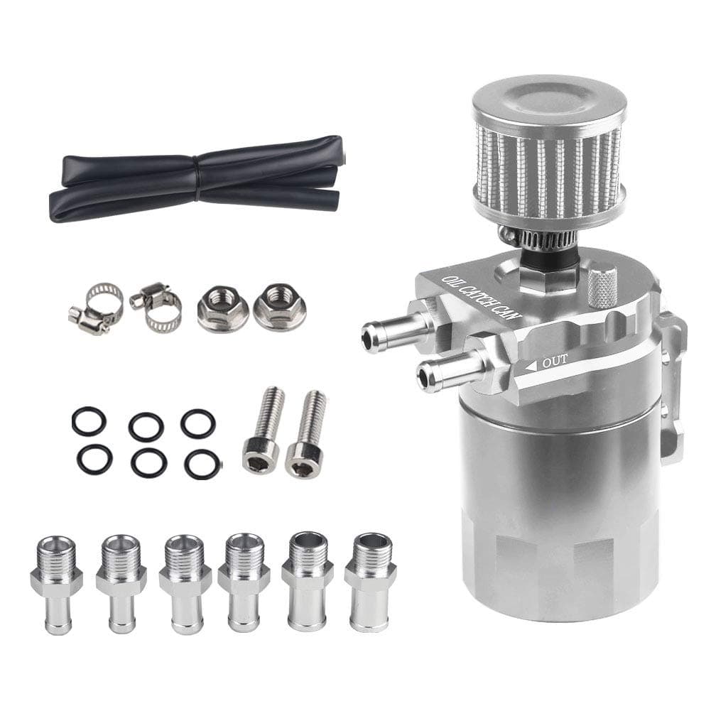 JDMON Oil Catch Can Tank Kit with Breather 300ml Aluminum Polish Engine Air Oil Separator Tank Reservoir Kit Universal Silver