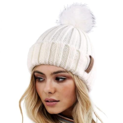 FURTALK Womens Winter Knitted Beanie Hat with Faux Fur Pom Poms Warm Knit Skull Cap for Women White with White Pom