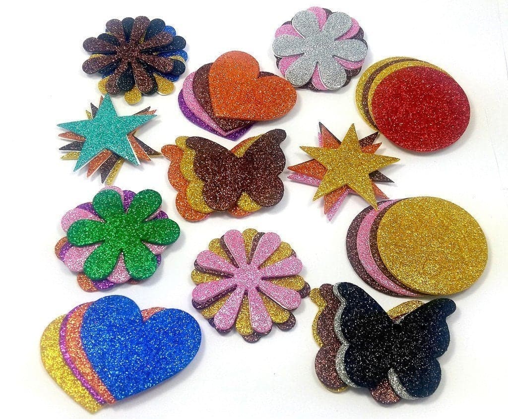 Paraspapermart Glitter Foam Self Adhesive Stickers - Pack of 50 | Mixed Shapes for Creative Fun | Easy to Peel and Stick
