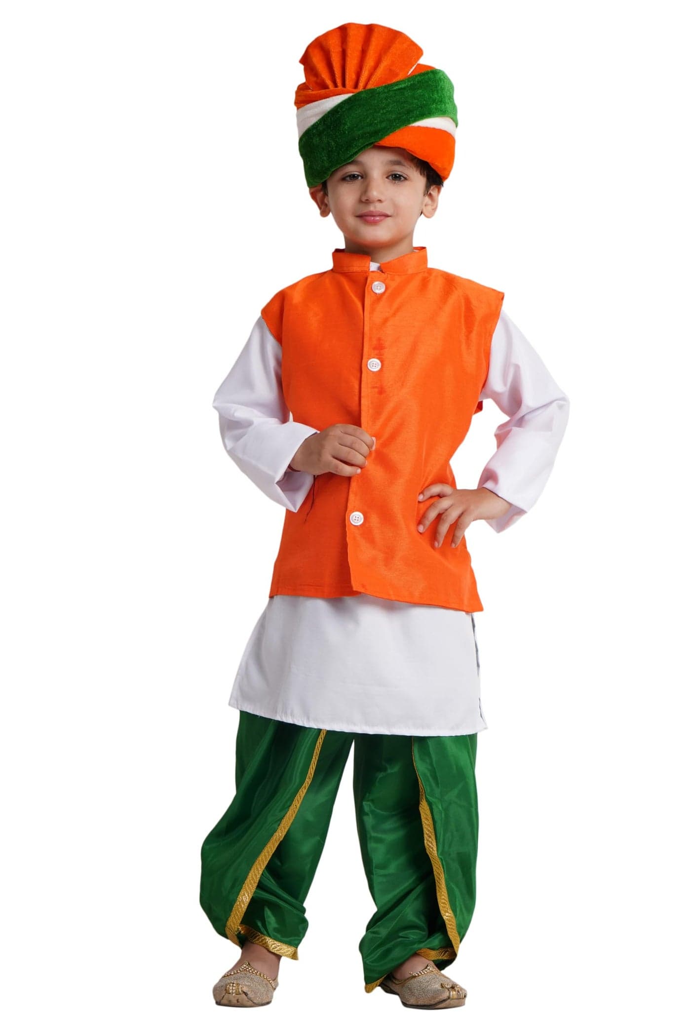 Kaku Fancy Dresses Polyester Tricolor Dhoti Kurta Jacket Set With Safa For Kids, Independence Day & Republic Day Costume Set For Boys & Girls - Multicolor, 3-4 Years