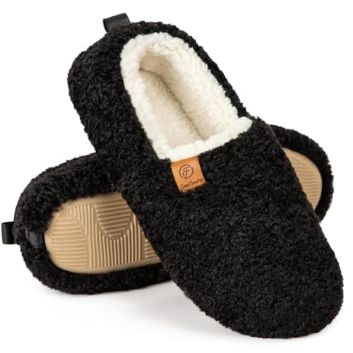 EverFoams Women’s Soft Curly Full Slippers Memory Foam Lightweight House Shoes Cozy Loafer with Polar Fleece Lining Black,7-8 US