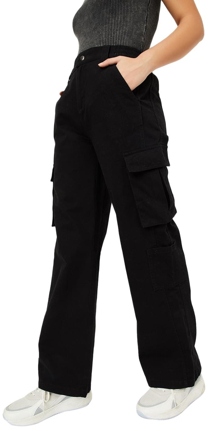 Max Women Solid Cargo Jeans, Black, XS