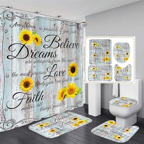 AZHM 4pcs Farmhouse Shower Curtain Sets Sunflower Bathroom Decor Set Inspirational Quotes Bathroom Curtain Shower Set with Rugs and Accessories Floral Flower Shower Curtain