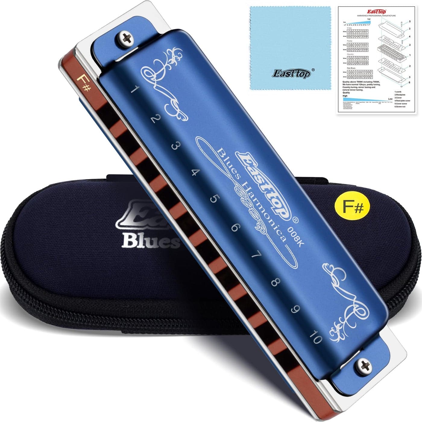 East top Diatonic Harmonica Key of F#, 10 Holes 20 Tones 008K Diatonic Blues Harp Mouth Organ Harmonica with Blue Case, Standard Harmonica For Adults, Professionals and Students