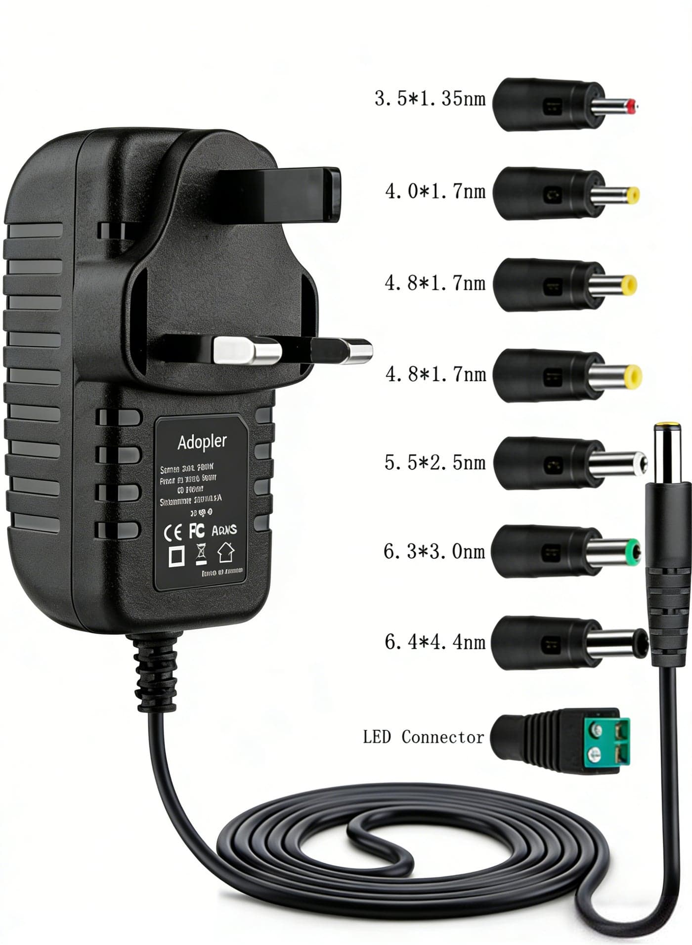 8 in 1 Universal 12V Power Adapter Connector Charging Cable with 8 Connector Trips for LED Strip Lights Wireless Router USB HUB Switches Security Cameras CCTV indoor and out door DVR Boxes TV Box Power