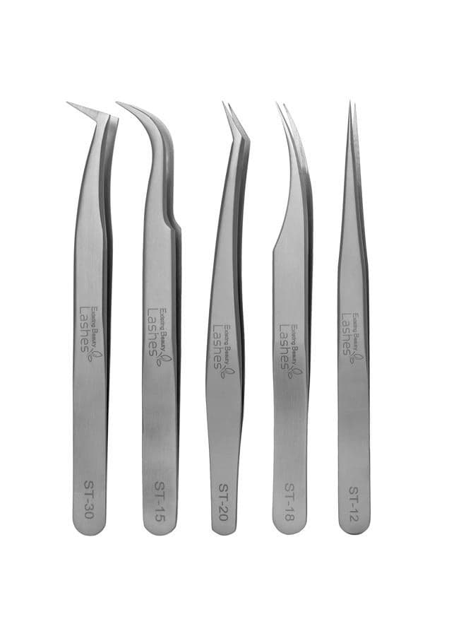 Eyelash Extension Tweezers - 5 PCS of Lash DIY Precision Set, Curved Volume Lash Tweezers - Cluster Application and Removal of Eye Lashes Extensions Stainless Steel