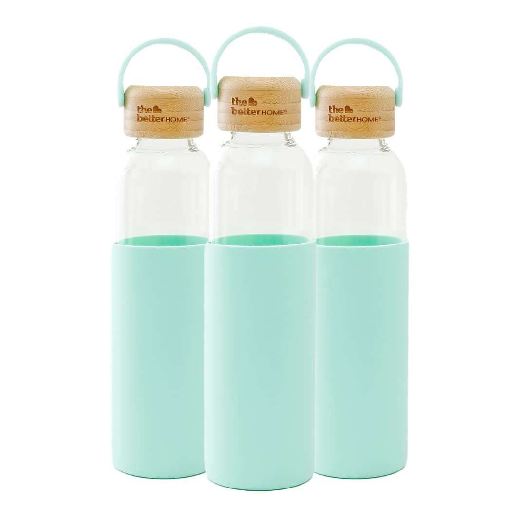 The Better Home Borosilicate Glass Water Bottle with Sleeve 500ml Non Slip Silicon Sleeve Bamboo Lid Fridge Water Bottles for Men Women Kids Water Bottles for Fridge Green Pack of 3
